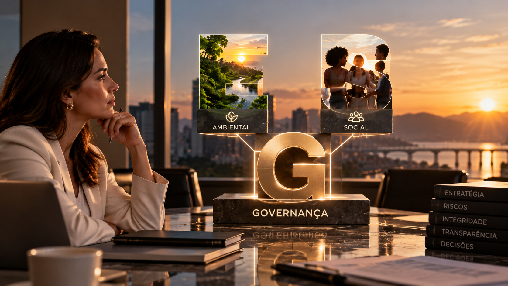 Governança, base do ESG: mulher em escritório diante das letras E, S e G