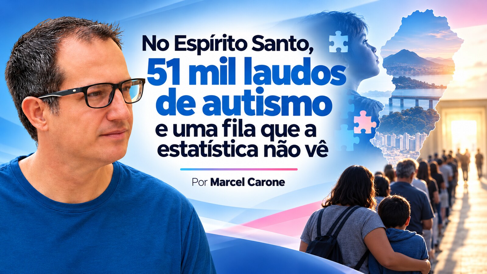 Marcel Carone e fila de famílias em arte sobre os 51 mil laudos de autismo no Espírito Santo