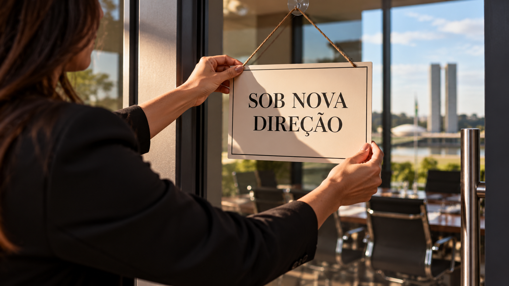 Mulher pendurando uma placa com os dizeres 'Sob nova direção' em um escritório com vista para Brasília